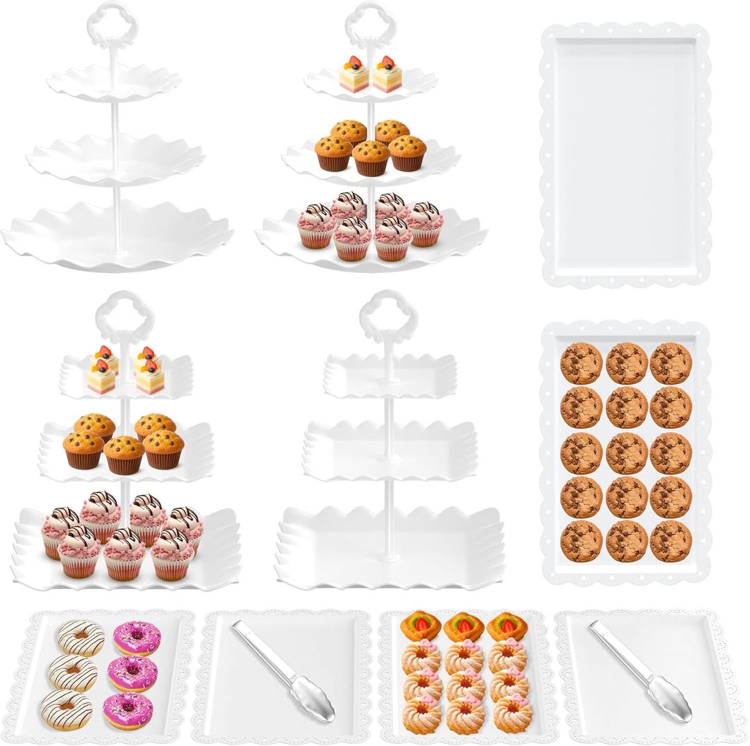 Riccle 10Pcs Dessert Table Display Set, 3 Tiered Cupcake Stand, Cupcake Holder & Cake Stands, Dessert Display Serving Trays for Party, Bridal Shower, Baby Shower, Tea Party, and Birthdays