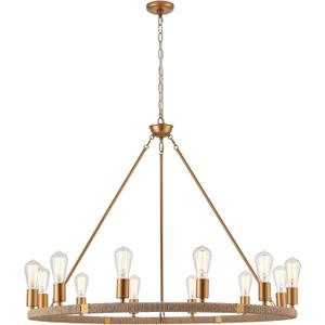 12-Lights Wagon Wheel Chandelier Bohemia Hand Woven Rattan Chandelier Farmhouse Large Pendant Light for High Ceilings Living Room Dining Room, Brass, Dia 42 Inch, UL Listed
