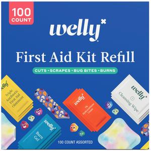 Welly First Aid Kit Refill Carton | Includes Individual Bandages, Cleansing Wipes, Antibiotic Packets, Burn Gel, Hydrocortisone Cream, and Bug Bite Relief Patches | 100 ct