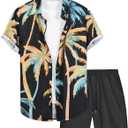 GORGLITTER Men's Patchwork Print Button Front Short Sleeve Collar Shirt and Drawstring Waist Shorts Set with Pocket (Black, L)