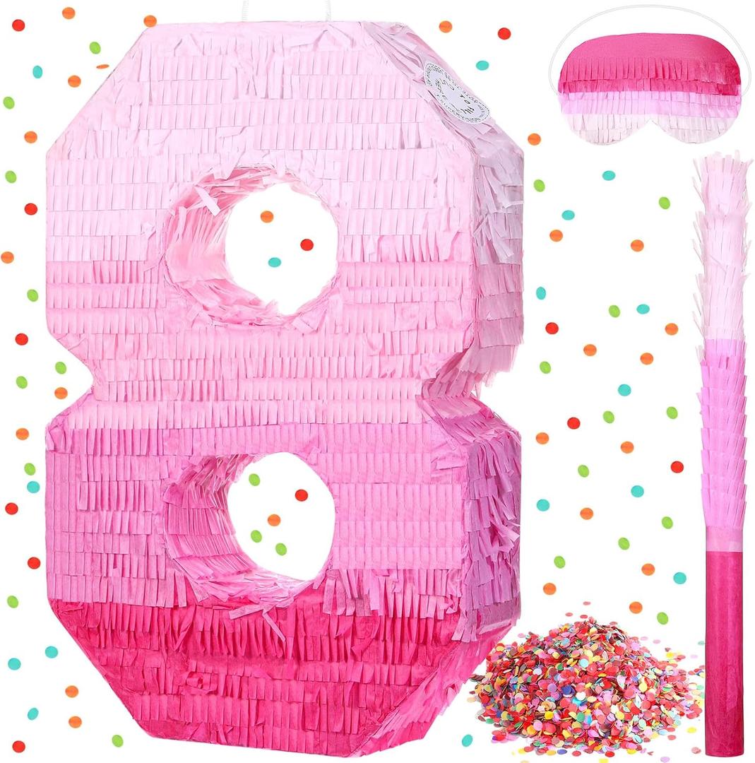 Sratte Number Piata Pink Piata Birthday Decorations Gradient with Stick Blindfold Confetti for Girls Boys Birthday Anniversary Party Decorations Supplies(Number 8)