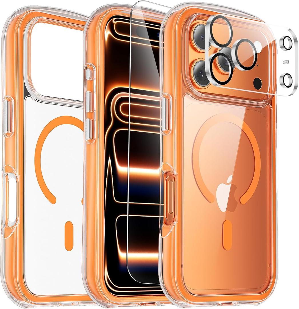 3-in-1 Air for Heavy Duty iPhone 17 Pro Max Case with Screen Protector & Camera Lens Protector,[Fits MagSafe][Military-Grade Protection] [Built-in Airbag] Shockproof Case for 17 Pro Max(Clear-Orange)