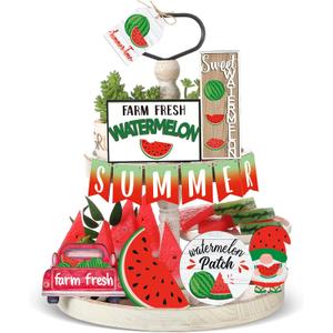 13 Pcs Summer Watermelon Tiered Tray Decor Set Farmhouse Wood Summer Wood Sign Hawaii Tiered Tray Decorations Tabletop Rustic Wooden Red Gnome Table Signs for Home Kitchen Table Decoration