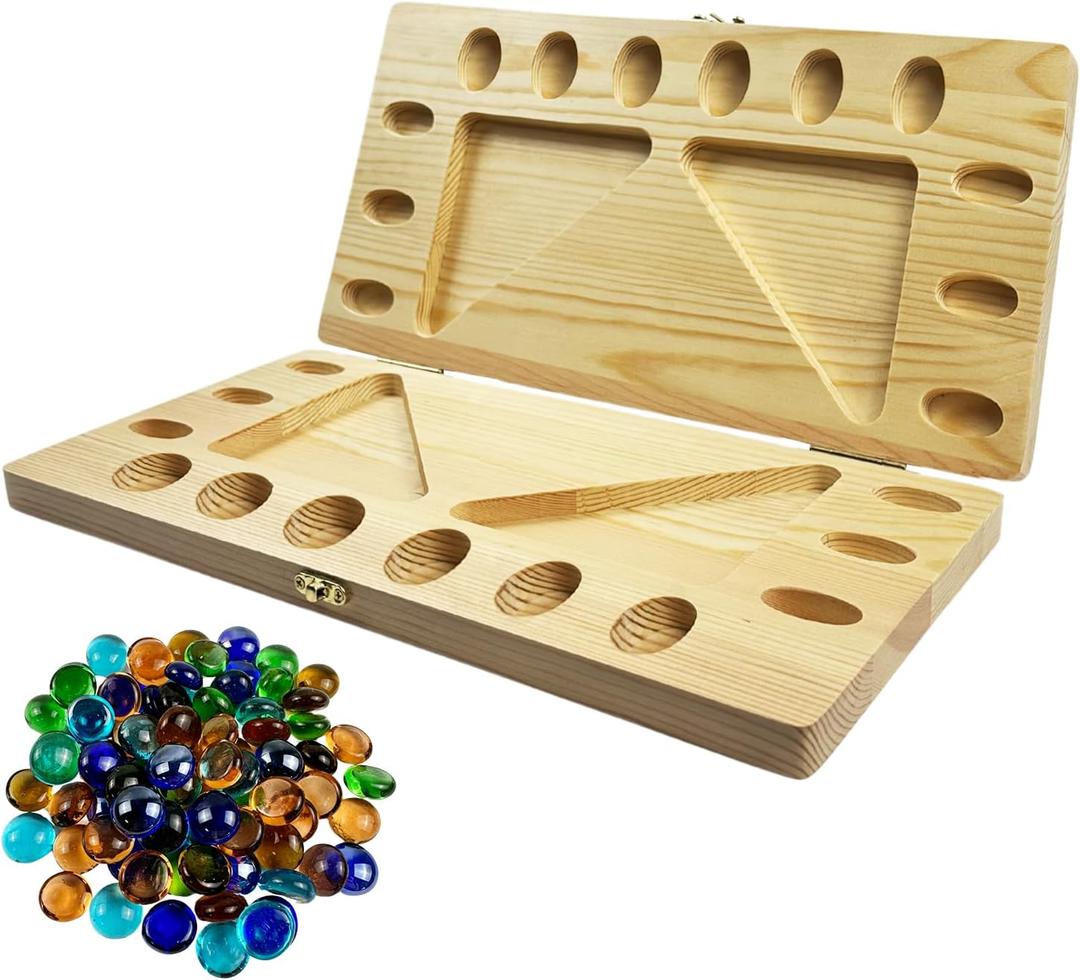 4-Player Mancala Board Game, Foldable Solid Wood with 110 Multi-Coloured Glass Beads, Instruction Manual, Non-Slip Mat,Suitable for Family Party Travelling Adults Puzzle Interactive Game.