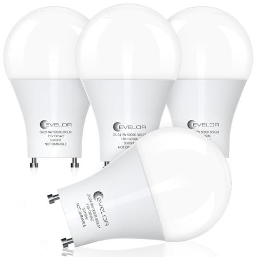 evelor GU24 LED Light Bulb,60 Watt Equivalent Daylight White 5000K,Non-Dimmable,Efficient 9W,800 Lumens Twist and Lock 2 Prong Light Bulbs,15000 Hours,Ideal for Kitchen,Living Room,Bedroom, 4-Packs