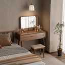 Solid Wood Vanity Desk with Mirror and Lights,Adjustable Height and Brightness, Makeup Vanity with 3 Drawers,Semi-Assembled,Dressing Table for Bedroom (Walnut)