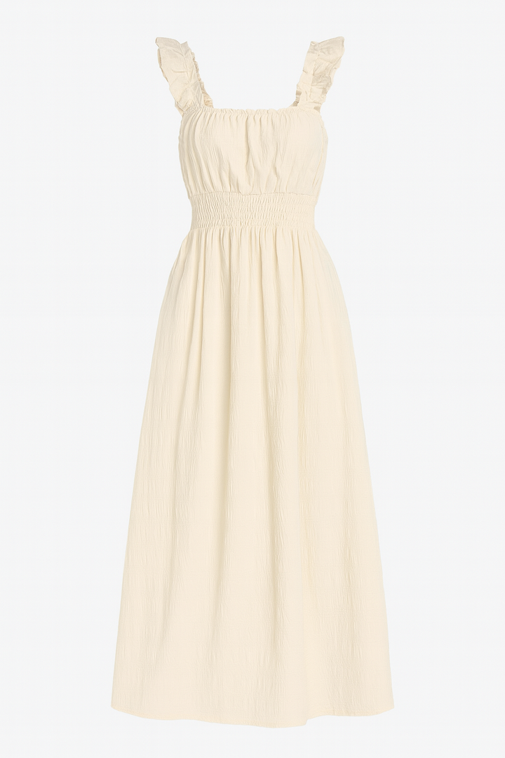 Women's 2025 Summer Boho Spaghetti Strap Square Neck Solid Color Ruffle A Line Beach Long Midi Dress S