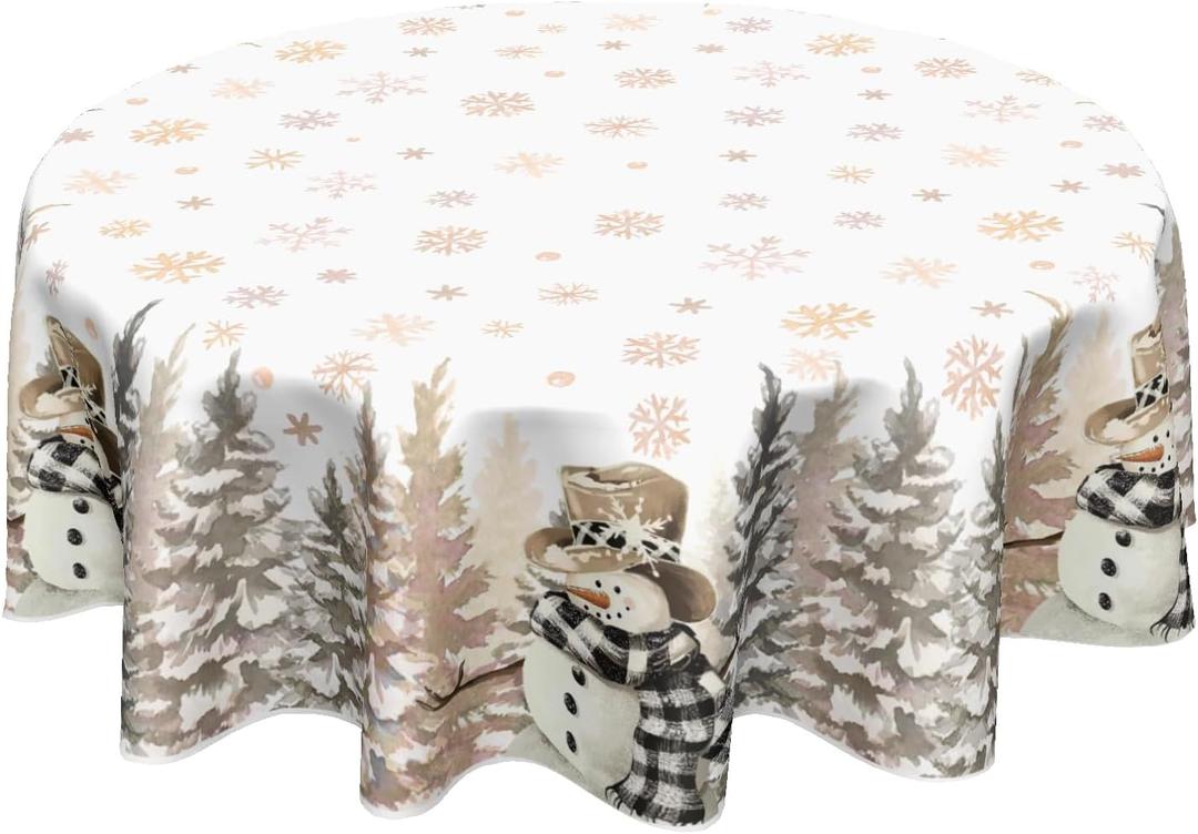 Gold Christmas Tablecloth Round 60 Inch Winter Snowman Snowflake Table Cloth Farmhouse Merry Christmas Table Cover for Kitchen Dinner Room Holiday Party Indoor Outdoor Home Winter Decor