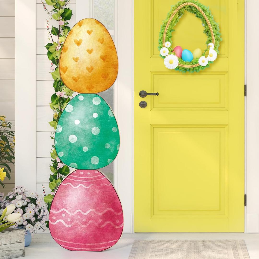 Yerliker 35 H Easter Egg Porch Decor Sign Easter Outdoor Decor Wooden Colorful Egg Standing Vertical Porch Sign for Front Door Indoor Outdoor Yard Garden Decor