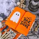 2 Pack Halloween Hand Towels Embroidered Orange Ghost Trick or Treat Cotton Dish Towel with Ribbon for Bathroom Hand Drying Kitchen Cleaning Towel Gift Set, 29.5 x 13.7 Inch