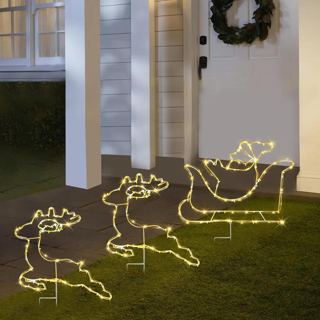 Christmas Pathway Lights Outdoor, Set of 3 Reindeer and Sleigh Christmas Walkway Decoration, with 150 Warm White Lights and 8 Lighting Modes