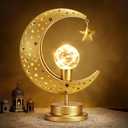 Lewondr Ramadan Moon Lamp, Crescent Moon with Star Table Lamp, Battery Powered Ramadan Desk Lamp Decorations Crescent Table Light Bedside Night Stand Desktop Living Room Home Decor, Eid Mubarak Decor