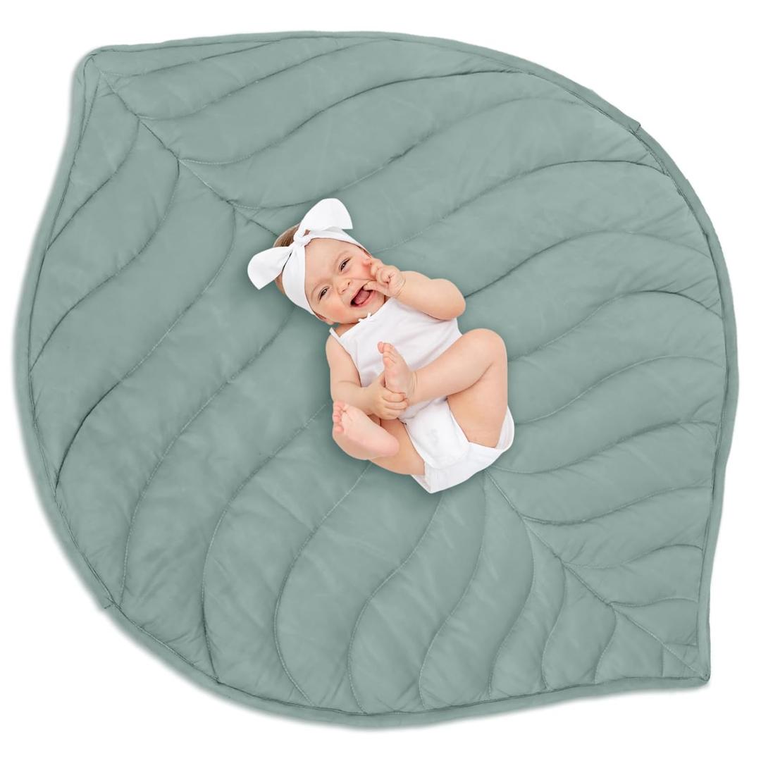 Funtery Baby Play Mat 56 x 42 Inch Cotton Crawling Cushion Cotton Nursery Rug Large Thick Soft Reversible Washable Folding Floor Playpen Mat Nursery Decor Rug for Girls Boys (Green, Leaf)