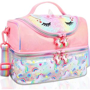 RHCPFOVR Kids Lunch Bag - Double - Decker Cooler Insulated Lunch Box for Boys Girls,Washable Lunch Bag with Strap and Reusable Toddler Lunchbox for School and Daycare (Pink Unicorn)
