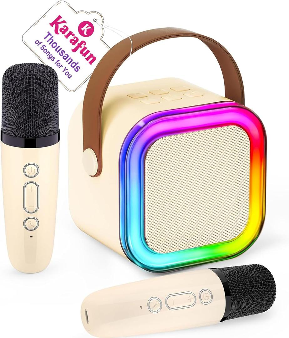 Mini Karaoke Machine for Kids, 2026 TOP Toys Birthday Gifts Ideas for Girls Ages 4, 5, 6, 7, 8, 9, 10, 12+ Years Old, Portable MP3 Player with 2 Wireless Mics for Family Home Party, Off White