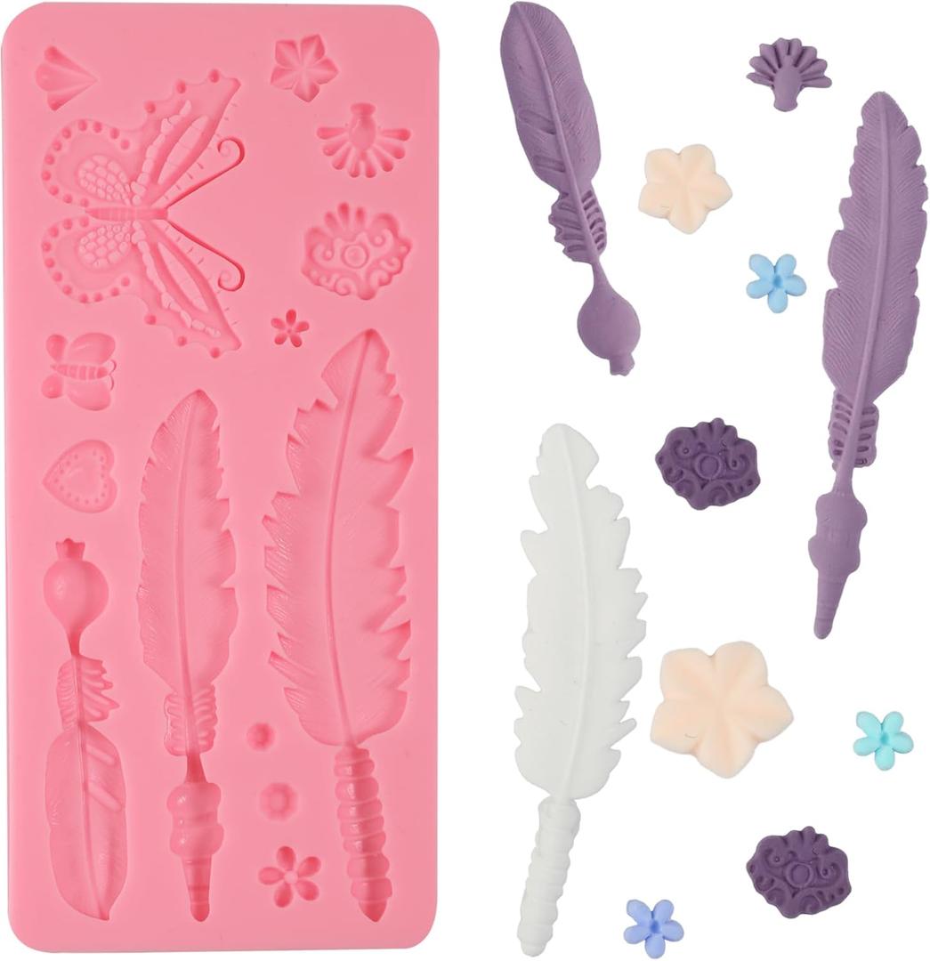 5 x 1 Pcs Feather Chocolate Silicone Mold, Lace Butterfly Cake Decoration Fondant Mold for Wedding Cupcake Toppers Kitchen Baking Candy Sugar Craft Dough Biscuit Modeling Clay Resin Crafts Plaster