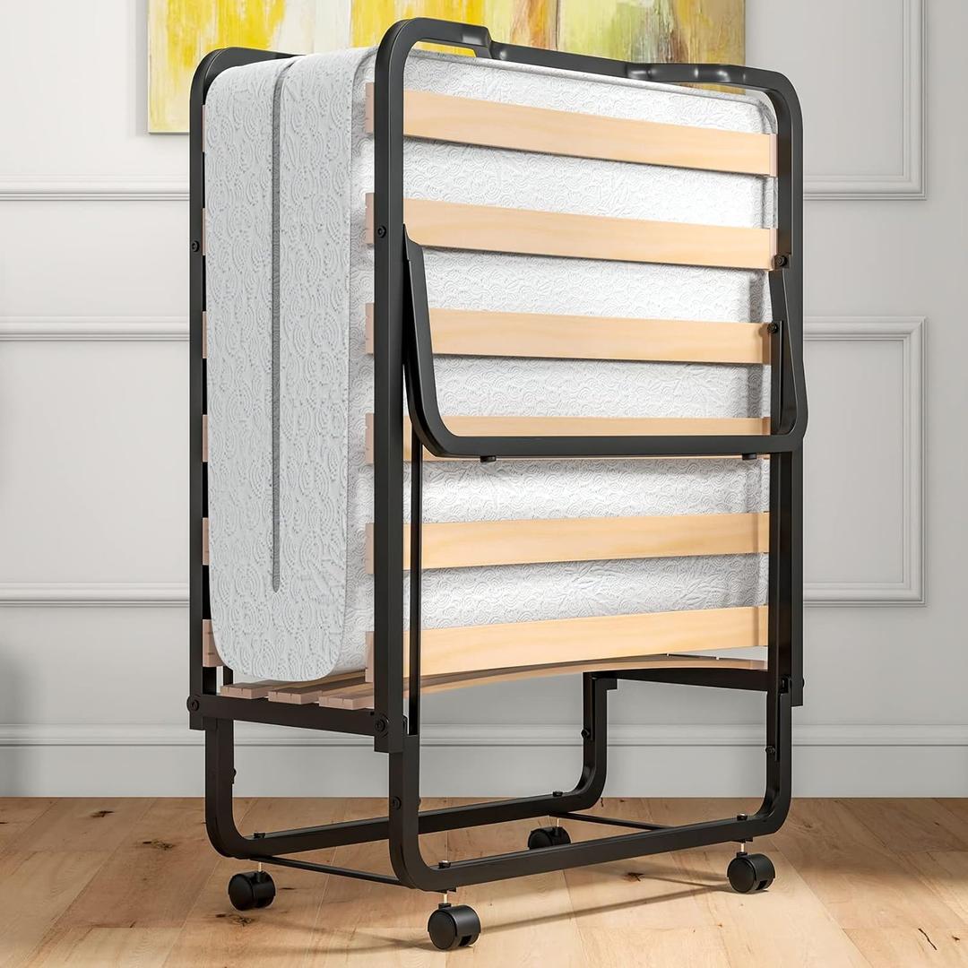 Giantex Folding Bed with Mattress for Adults, Cot Size Rollaway Bed for Guest, Portable Foldable Bed w/Memory Foam Mattress & Metal Frame for Easy Storage, 75"x 31" (Small Single)