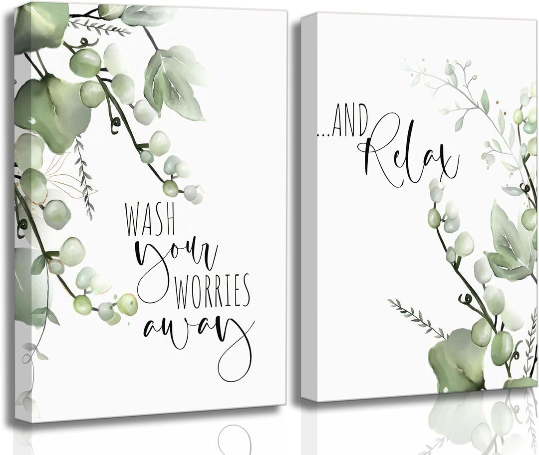 2 Pcs Botanical Canvas Wall Art Green Eucalyptus Leaves Picture Wall Decor Plant Watercolor Bathroom Poster Print for Toilet Laundry Clean Room Home Decoration, 16x24in-Canvas