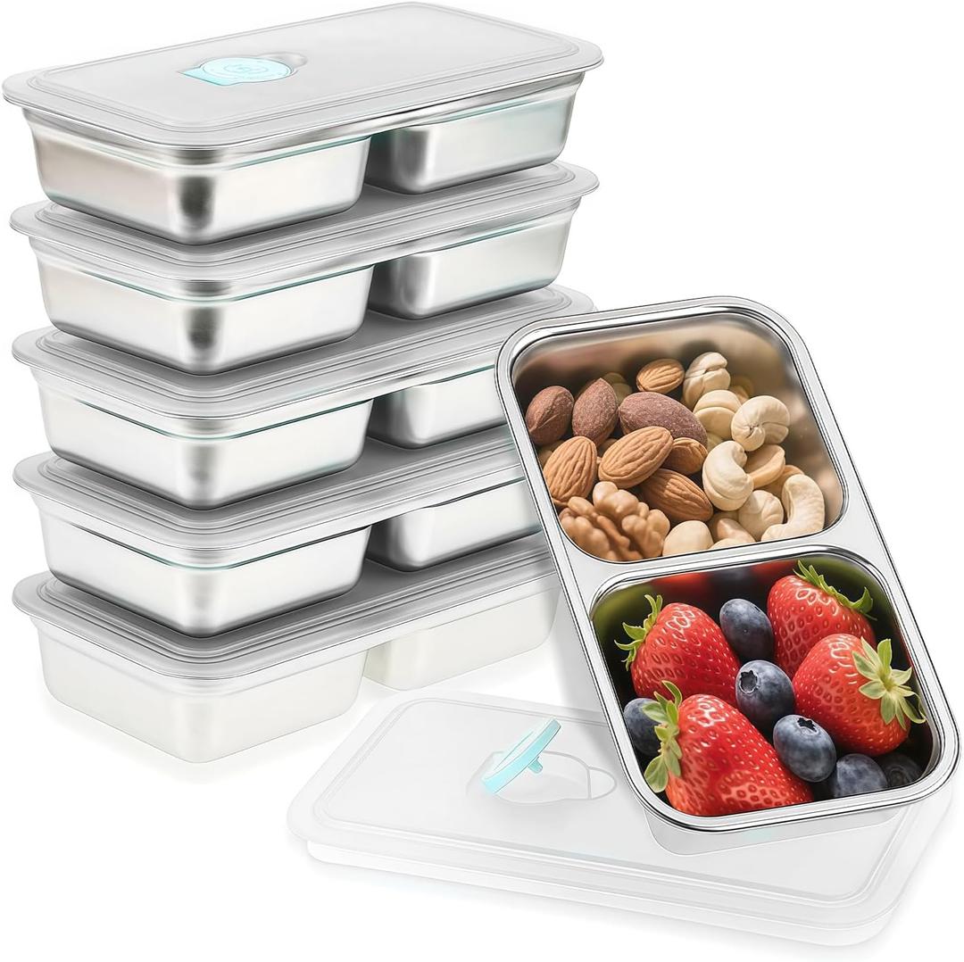 6Pcs 304 Stainless Steel Snack Containers, 2 Compartments Portable Food Storage Bento Boxes with Lids, Divided Meal Prep Lunch Box Food Container Dishwasher Safe (6PCS-Pearl White)