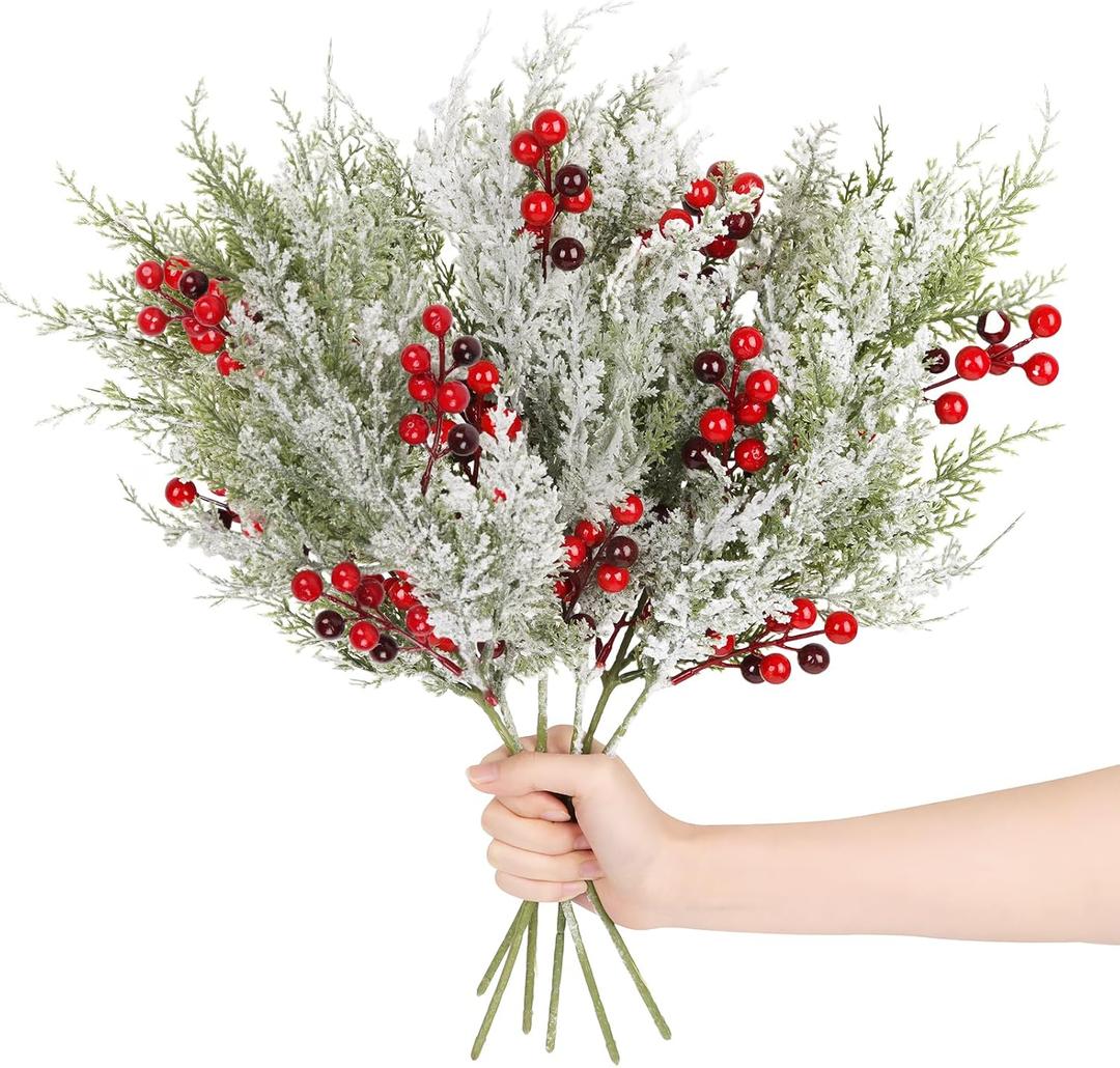 CCINEE 6 PCS Snowy Artificial Pine Branches with Red and Black Berries, 19" Frosted Christmas Greenery Cedar Stems Faux Cedar Picks and Sprays for Vase Fillers Craft Wreath Christmas Decor