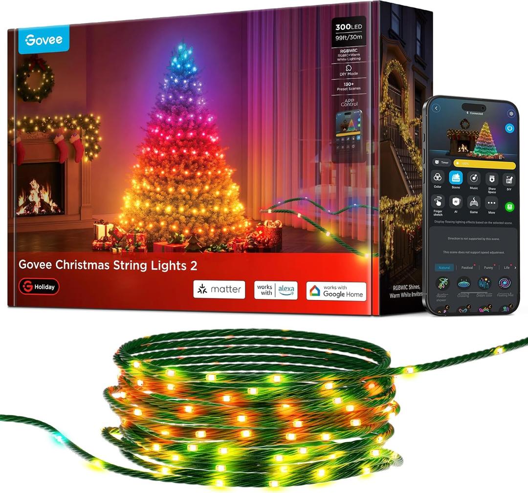 Govee Christmas Lights 2, RGBWIC 99FT 300LEDs Holiday String Lights with Shape Mapping Function, Smart LED Decoration for Indoor Outdoor Tree, 130+ Preset Scenes, Voice and APP Control, Green Wire