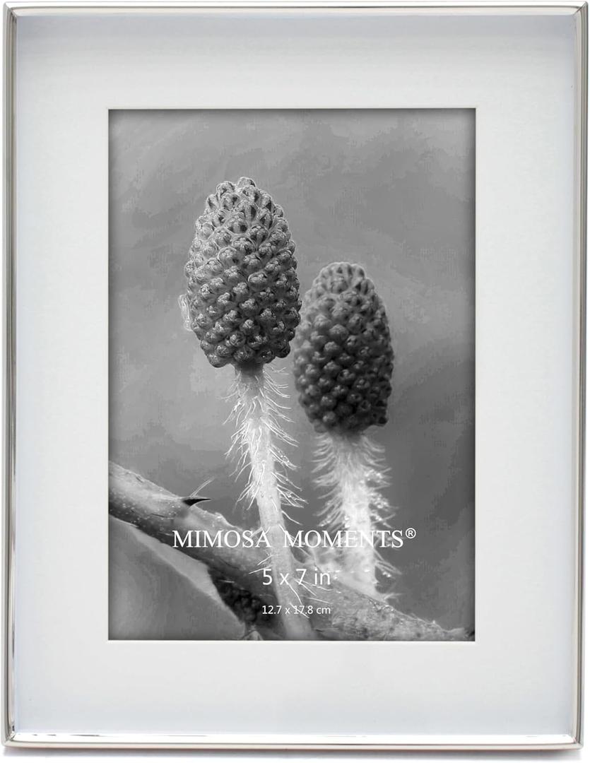 MIMOSA MOMENTS 5x7 Photo Frame with Mat, 7x9 Metal Shadow Box Frame (Silver), Tabletop Display Picture Frame, Thin Metal Border, Perfect for Home Decor, Wedding & Family Photos