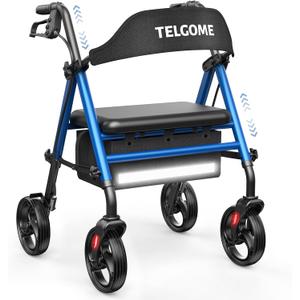 Walkers for Seniors with Seat, Thick Padded Seat 350 lb Capacity Rollator Walker with Seat, Lightweight Foldable Thickened Tube Frame, Height Adjustable, 8'' Wheels Rolling Walker Blue