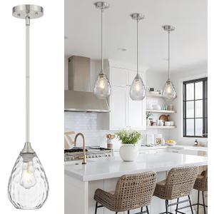 Glass Pendant Lights Kitchen Island, 1-Light Modern Brushed Nickel Pendant Light Fixtures with Hammered Glass and Rods, Small Hanging Light for Kitchen Sink Dining Room Bathroom