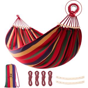 Hammock, Cotton Canvas Hammock Portable Camping Hammock with Carrying Bag Two Anti Roll Balance Beam Metal Carabiner Ropes and Tree StrapsSuit for Indoor,Yard,Camping,Outdoor-Rainbow (Red)
