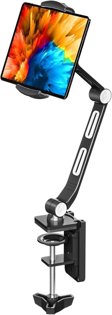 suptek Aluminum Alloy Cell Phone Desk Mount Stand 360 Tablet Stand and Holders Adjustable for iPad, iPhone, Samsung, Asus and More 4.7-11 inch Devices, Good for Bed, Kitchen, Office (YF208B) (Black)