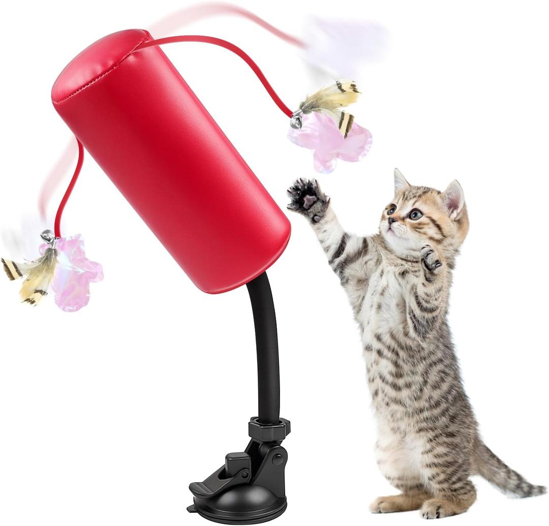 Interactive Cat Punching Bag Toy with Feather Teaser & Bell  PU Leather Spring-Loaded Cat Toy with Strong Suction Cup Base, Durable Scratch-Resistant Indoor Boxing Toy for Kittens & Adult Cats