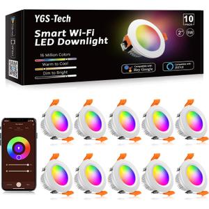 YGS-Tech Smart 2 Inch LED Recessed Lighting RGB WiFi Downlight, 5W Compatible with Alexa and Google Home, Dimmable RGB & CCT 2700-6500K Color Changing, 120V Ceiling Light with LED Driver (10 Pack) (RGB (Red, Green, Blue))