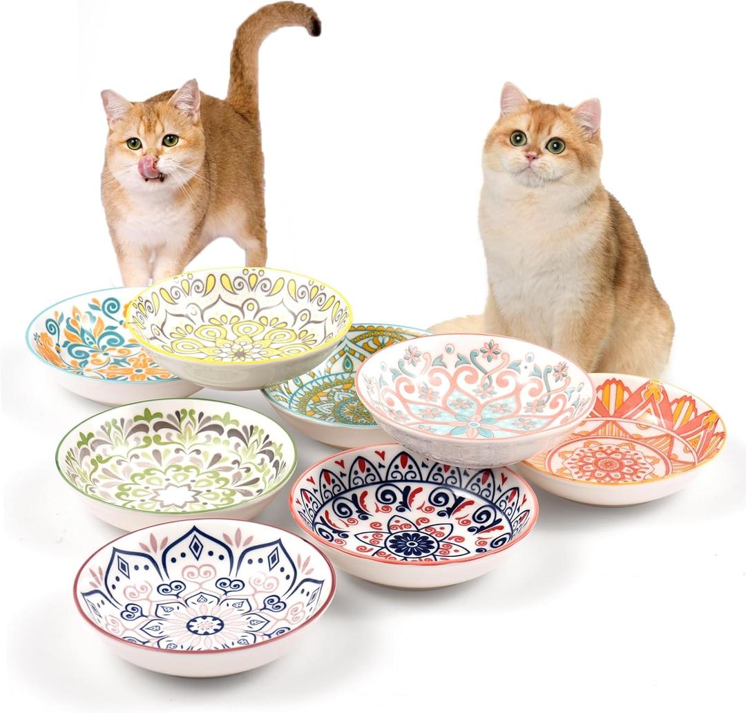 YEAHGO Cat Food Bowls for Indoor Cats Ceramic Cat Bowls Whisker Friendly Cat Dishes for Food and Water 5.5 Inches Kitten Bowls Cute Cat Feeding Bowls Set 8 Cat Wet Food Bowl Set Shallow Cat Plate