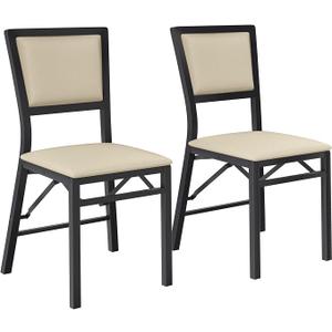 VECELO Folding Dining Chairs Set of 2, Metal Padded Foldable Seating with Comfortable Faux Leather, Space-Saving Portable Guest Seats for Kitchen & Office, No Assembly, Creamy Beige