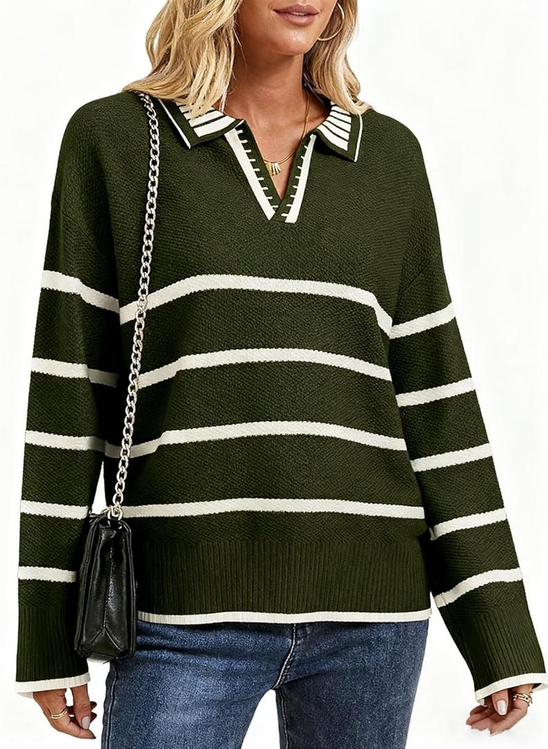 Women's Polo Sweater Long Sleeve V Neck Striped Collared Pullover Fall Sweater Tops 2025 (XX-Large, Army Green)