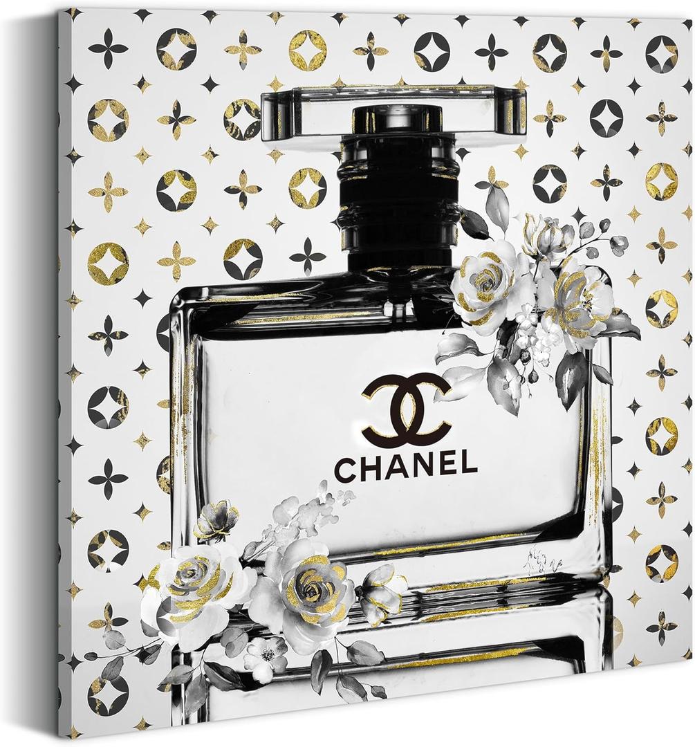 summer melody Perfume Bottles Canvas Wall Art Chic & Trendy Floral Theme Decorative Painting 12"x12" Black and White Fashion Picture Modern Artwork for Girls Room Bedroom Makeup Room