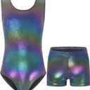 Nymphperi Girls Gymnastics Leotards 2 Piece Shiny Sleeveless Bodysuits with Sparkly Breathable Shorts Suit