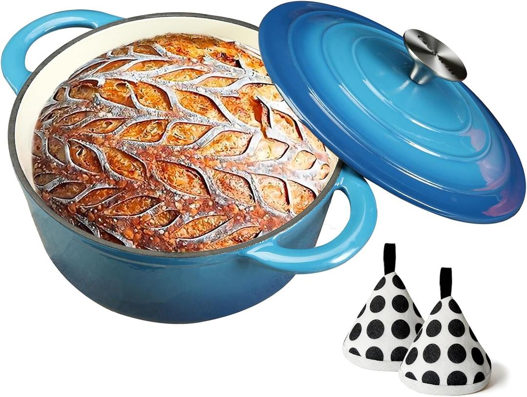 Enameled Cast Iron Dutch Oven with Lid, 3 Quart Heavy Duty Cookware Pot with Dual Handles for Bread Baking, Braising, Stews, Roasting and Oven Safe, Blue