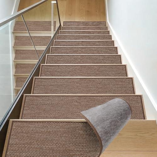 WICHEMI 9"x30"Stair Treads Non Slip Indoor, 15 Pack Stair Runner Carpet, Stair Covers for Wood Stairs with Reusable Adhesive for Kids Seniors Pets, Brown