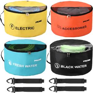 PR1ME 4 Pack Waterproof RV Hose Bag Storage, Two-Way Zipper Closures and Visible Cover, RV Utility Organizer for Sewer & Fresh Water Hoses, Electrical Cords & Camper Accessories, Color-Coded Design
