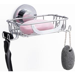TAILI Soap Dish Bar Holder with Hooks and Razor Saver,Suction Cup Soap Tray Caddy for Bathroom Shower Wall,Rustproof Stainless Steel Sponge Holder for Kitchen,Bathroom Shower Accessories,Silver (5.6" * 4.6")