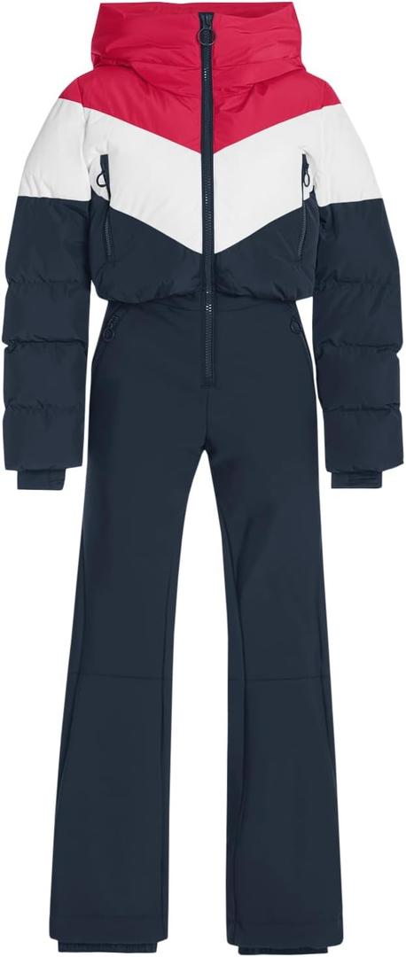 Fisoew Womens One Piece Ski Suit Warm Waterproof Snowsuits Winter Snow Jumpsuits Outdoor Sports Outerwear (Large, Dark Blue)