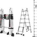 12.5 FT A Frame Telescoping Ladder, Extension Multi-Purpose w/Balance Bar & Wheels, Ladder A Frame, Heavy Duty 330 lbs Max Capacity, Ideal for Home and Outdoor Work, Silver