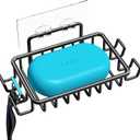 Nieifi Soap Dish Holder with 4 Hooks Stainless Steel Black Adhesive for Shower, Bathroom (1 Pack)