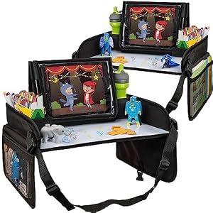 Lusso Gear Kids Lap Desk Tray (Value 2 Pack) - Mesh Pockets & Cup Holder for Car Travel Essentials - Car Seat Tray for Kids Travel & Tablet Holder - Dry-Erase Surface for Road Trip Activities - Black