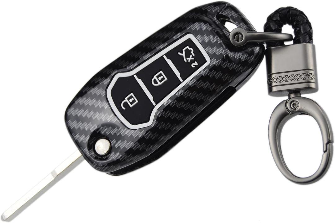 2-Layers Hybrid Combo Carbon Key Fob Cover for Ford F150 F250 F350 F450 F550 Explorer Ranger Escape (Black,with Black Keychain)