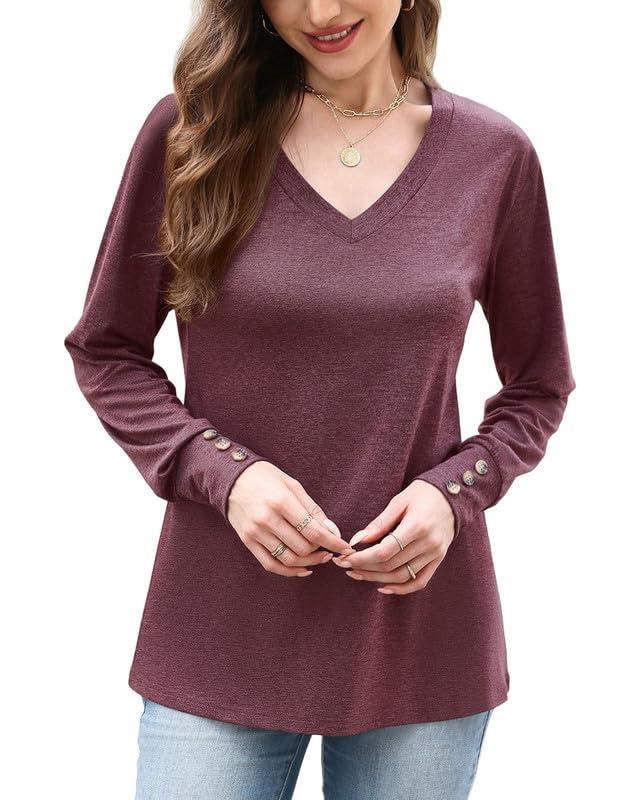 Misakia Women's Long Sleeve Shirts Dressy Casual Cute V Neck Loose Fit Summer Tops Buttons Flowy Tunic Soft Fall Winter Tops 2025 Shirts Business Outfits Ladies Tops C-wine Red (Red, L)
