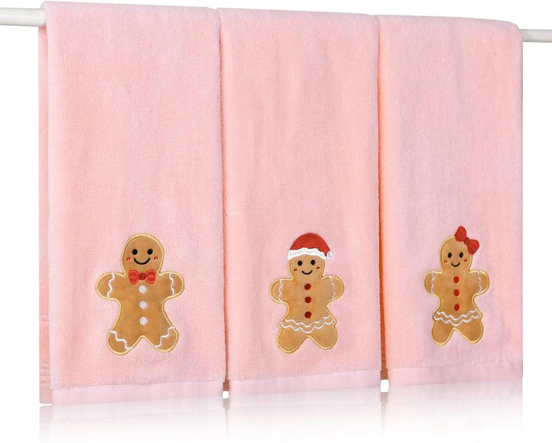 MelonBoat Pack of 3 Towels Set, Embroidered Gingerbread Man Christmas Hand Towels for Bathroom, Soft Absorbent Polyester Festive Xmas Decoration for Bath Gym Spa Kitchen Family Home Decor, 13.7"x29.5"