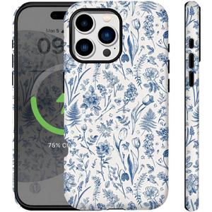 Compatible for iPhone 16 Pro Case Vintage Blue Flowers Florals Cute Aethetic Design for Women Girls [Compatible with Magsafe] Rugge 2-in-1 Layer Shockproof Anti-Scratch Phone Case