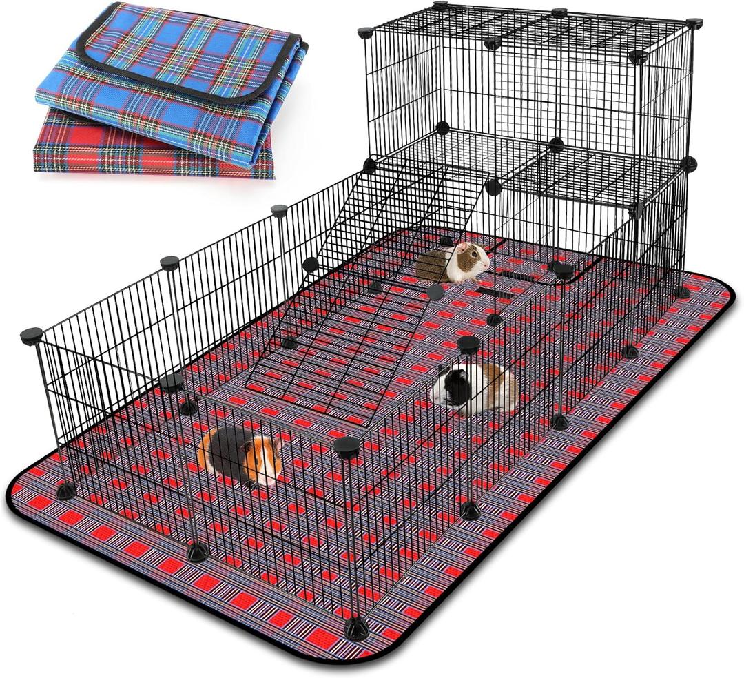 FHTONGE Extra Large Guinea Pig Cage Loft with 2 Waterproof Bedding, DIY Expandable Guinea Pig Playpen with Mat, Modular Small Animal Playpen with Mat for Rat Hamster Chinchilla Bunny (24x C&C Panels)